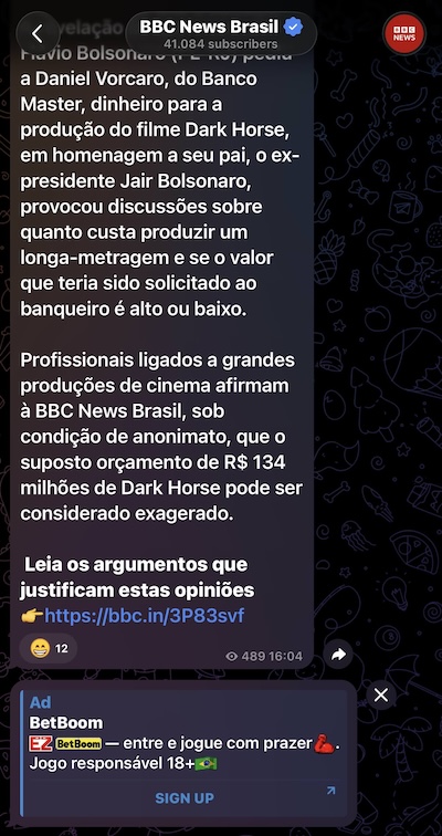 BBC manda publi pelo Telegram