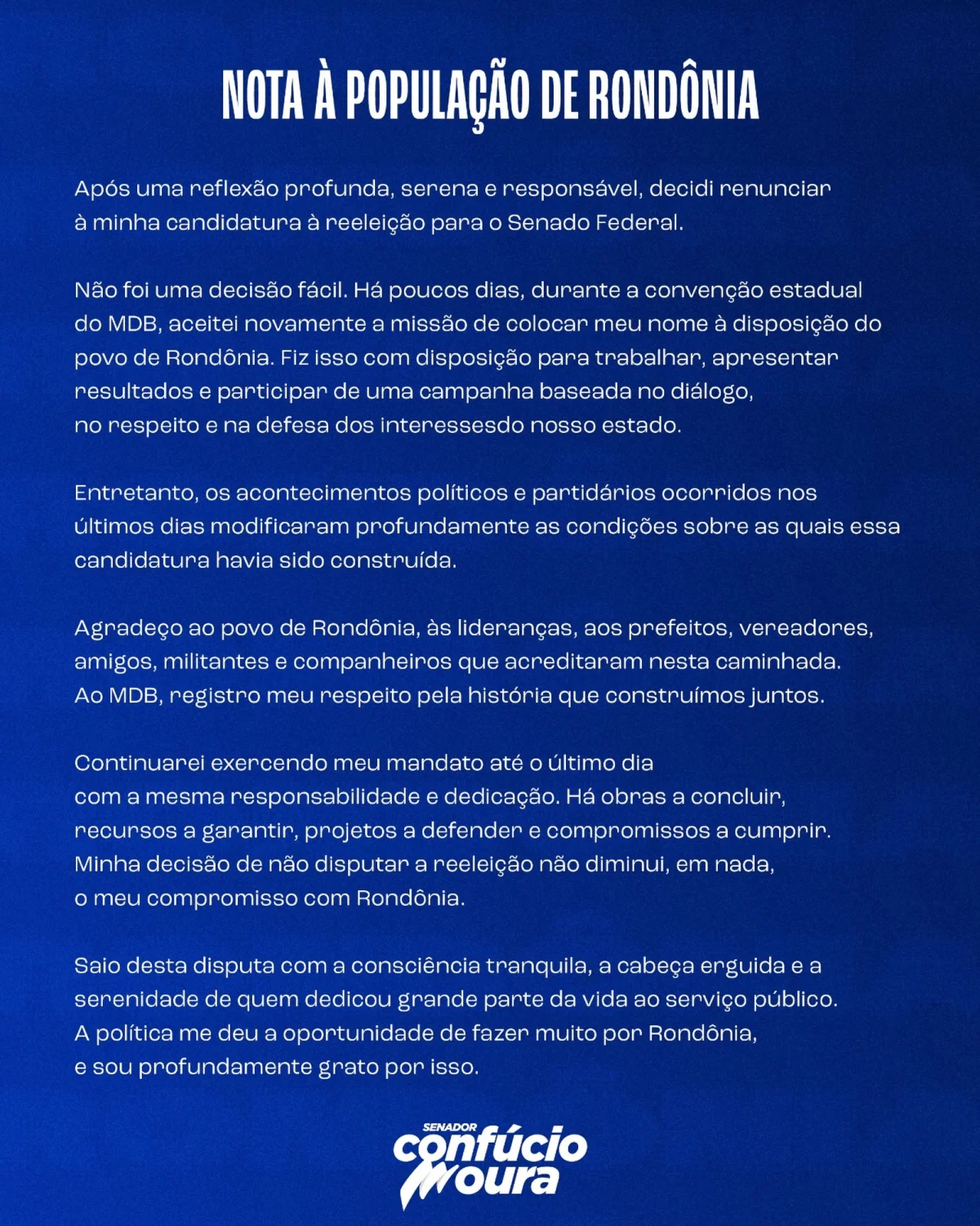 Carta divulgada pelo senador