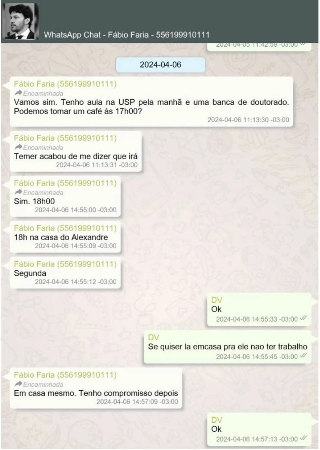 Faria encaminha mensagem agendando reunião 