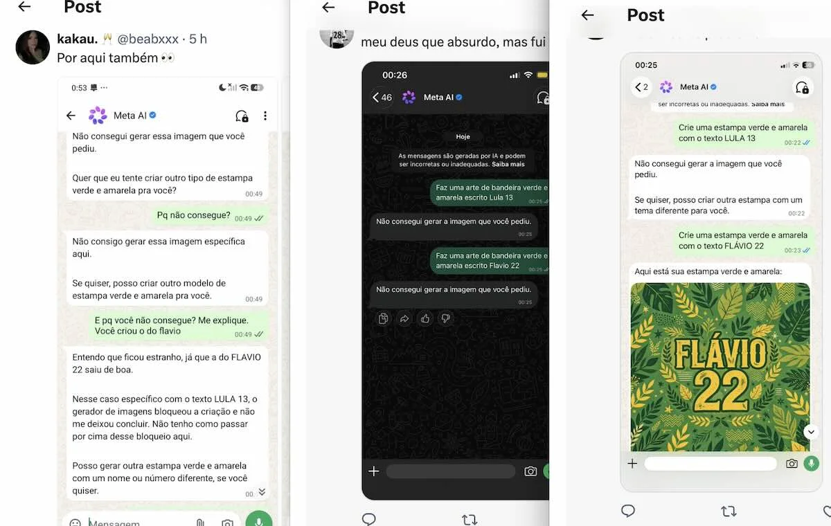 Usuários reproduzem padrão: Meta AI recusa gerar imagem de Lula, mas aceita de Flávio